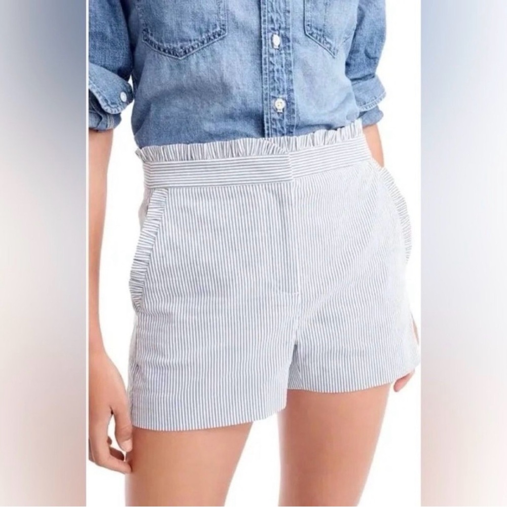 J Crew Size 12 Blue White Stripe Beachy Nautical Preppy Seersucker Ruffle Shorts - Picture 2 of 10